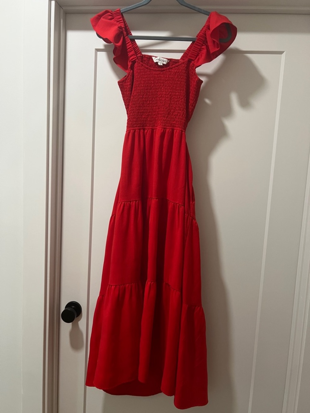 DAVI & DANI Red Ruffled-Sleeve Tiered Maxi Dress